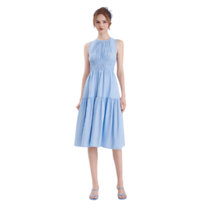 Đầm midi sát nách rút nhún ngực thun eo